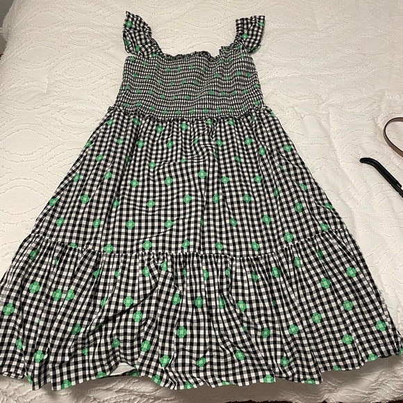 Kate Spade Gingham Voile Smocked Dress black white Kelly green -XXL-worn 1x - Picture 2 of 5